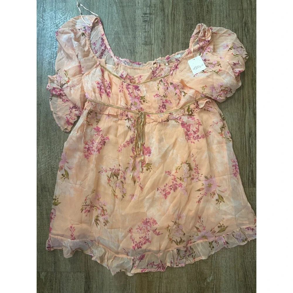 Free People Floral Peasant Puff Sleeve Mini Dress Peach‎ Combo NWT Size M